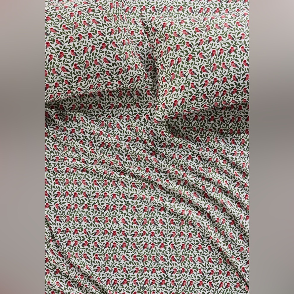 Anthropologie Red and Green Floral Cotton Sheet Set